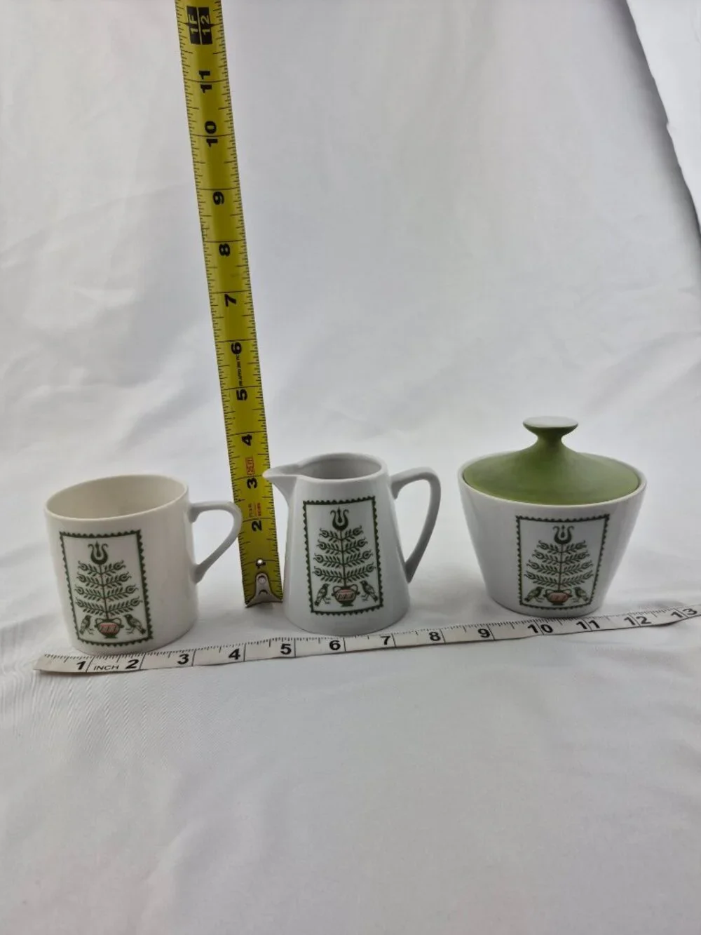 MCM Matte By Summit Coffee Set 5 Mugs, Sugar & Creamer w Lid Avacado Green Birds